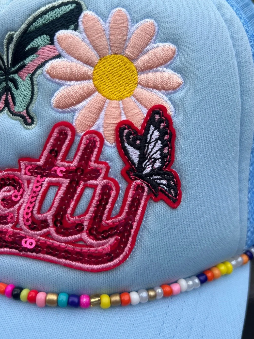 Pretty Blue Trucker Hat Butterfly Daisy Beaded Snapback NWOT